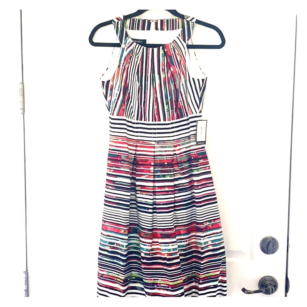 NWT Dress - sleeveless black ,white stripes&color